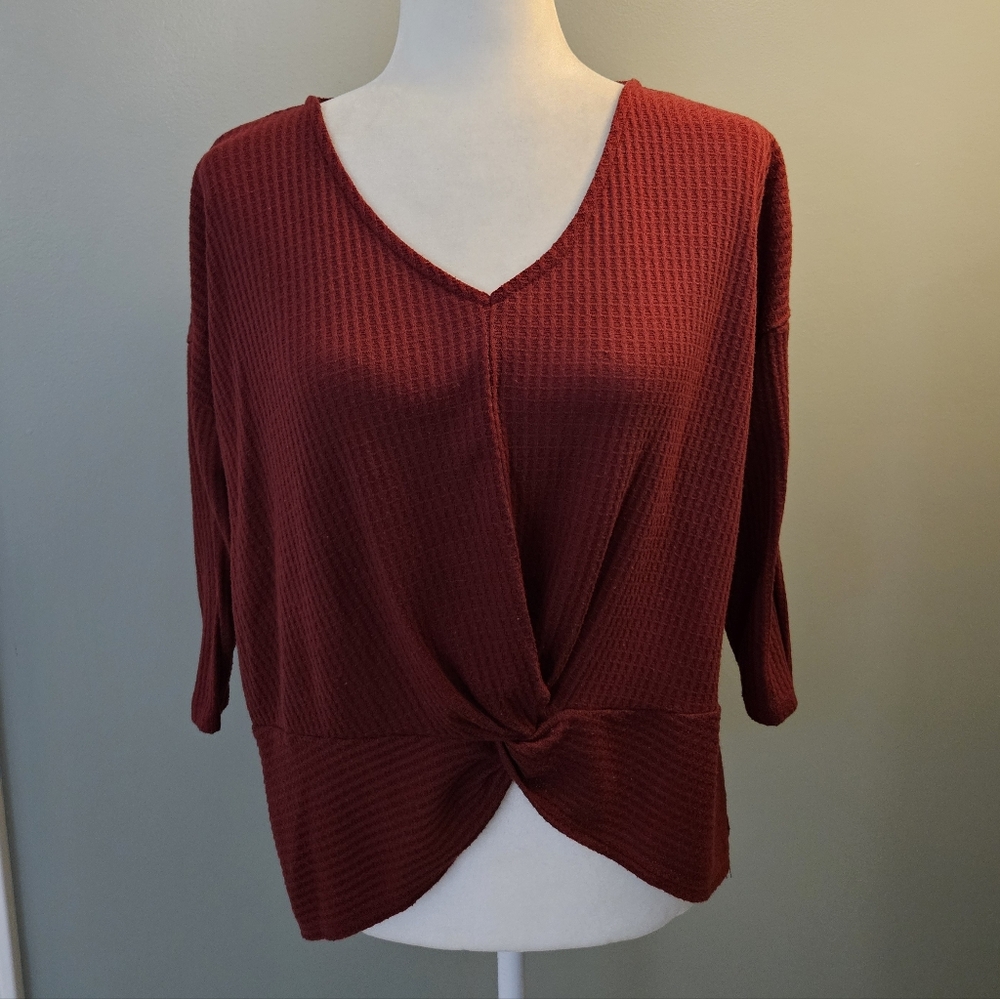 Pink Rose Women's Size Medium M Burgundy Waffle Knit V-Neck Twist Front Top